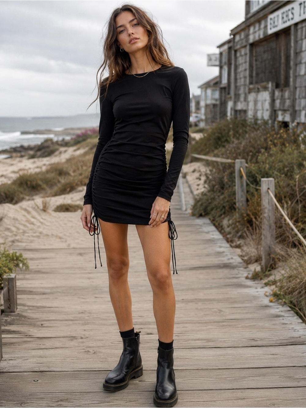 Dynamite Ruched Drawstring Long Sleeve Mini Dress |Medium| NWT Gorpcore Grunge